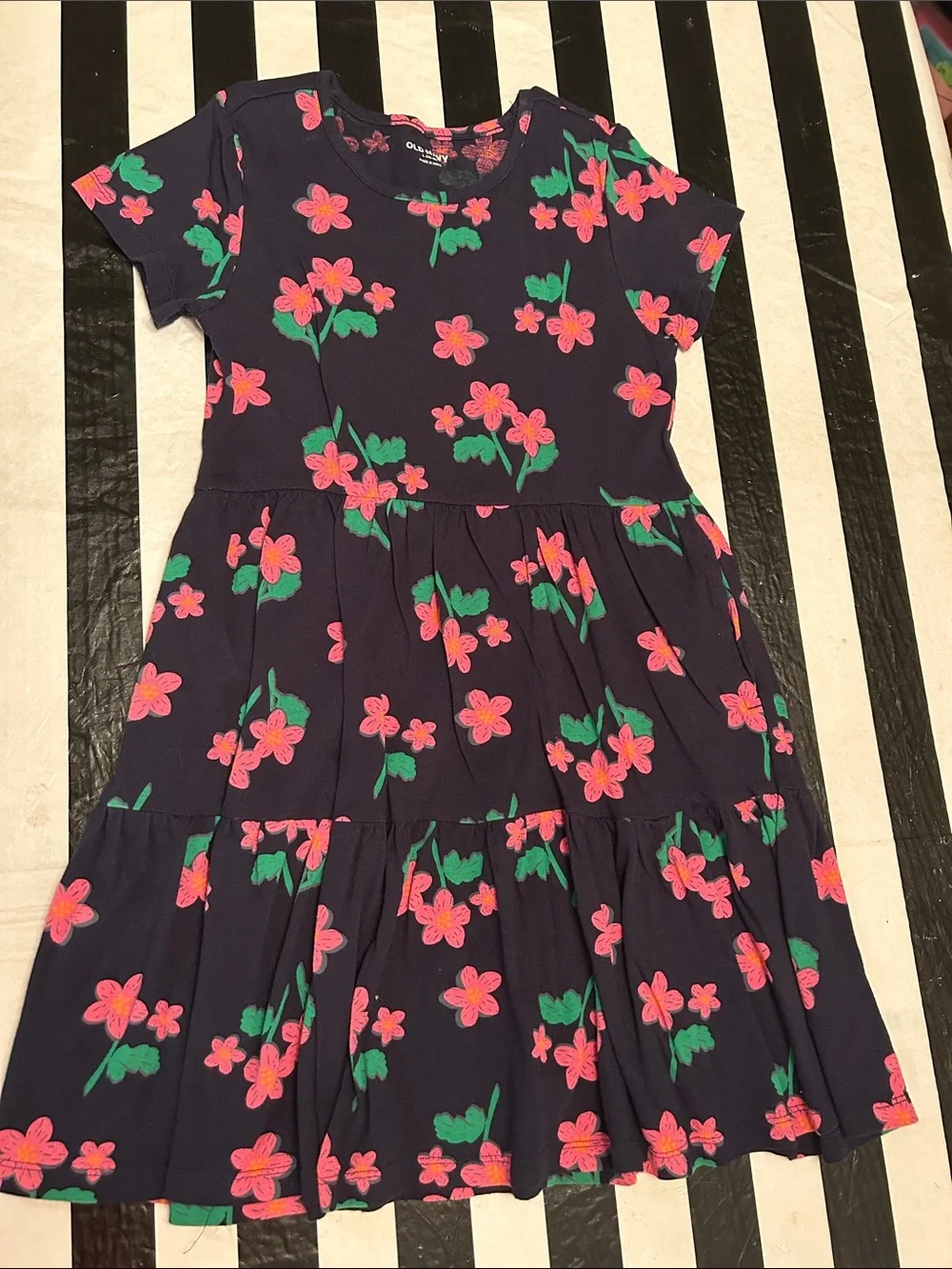 Old Navy Navy Floral Tiered Dress with Pink & Green Flowers